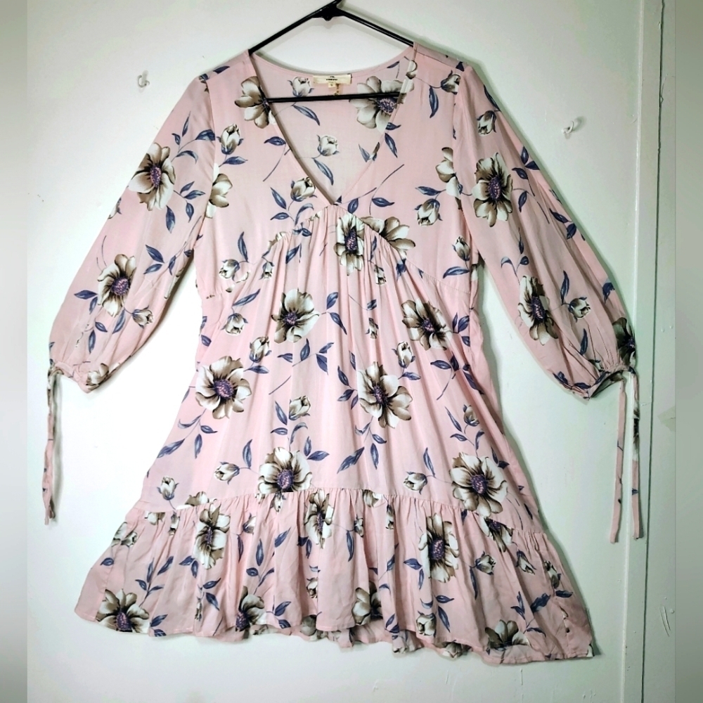 Entro floral Tunic Sundress Ruffles V-neck Rayon Pink oversized S. - Picture 2 of 16